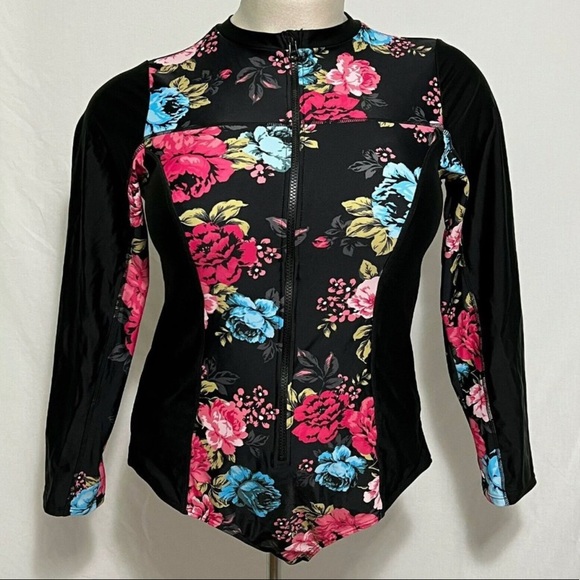 Torrid Swimsuit Swim Rash Guard Front Zip Wireless Size 4 Floral - Picture 1 of 4